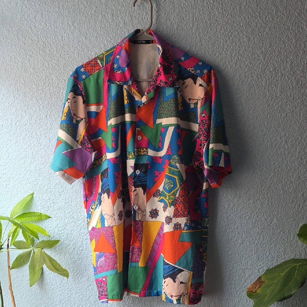 Colorful Geometric Print Short-Sleeve Button-Down Shirt - Multicolor